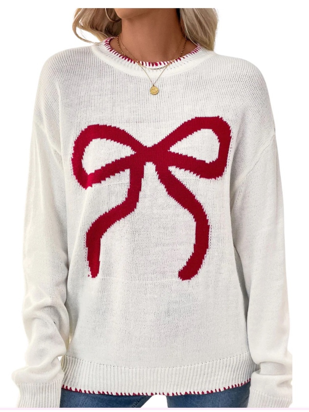 ShopEvelynne White Crewneck Sweater with Red Bow Graphic